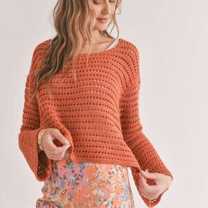 Women's Open Knit Crochet Sweater Top | Rust